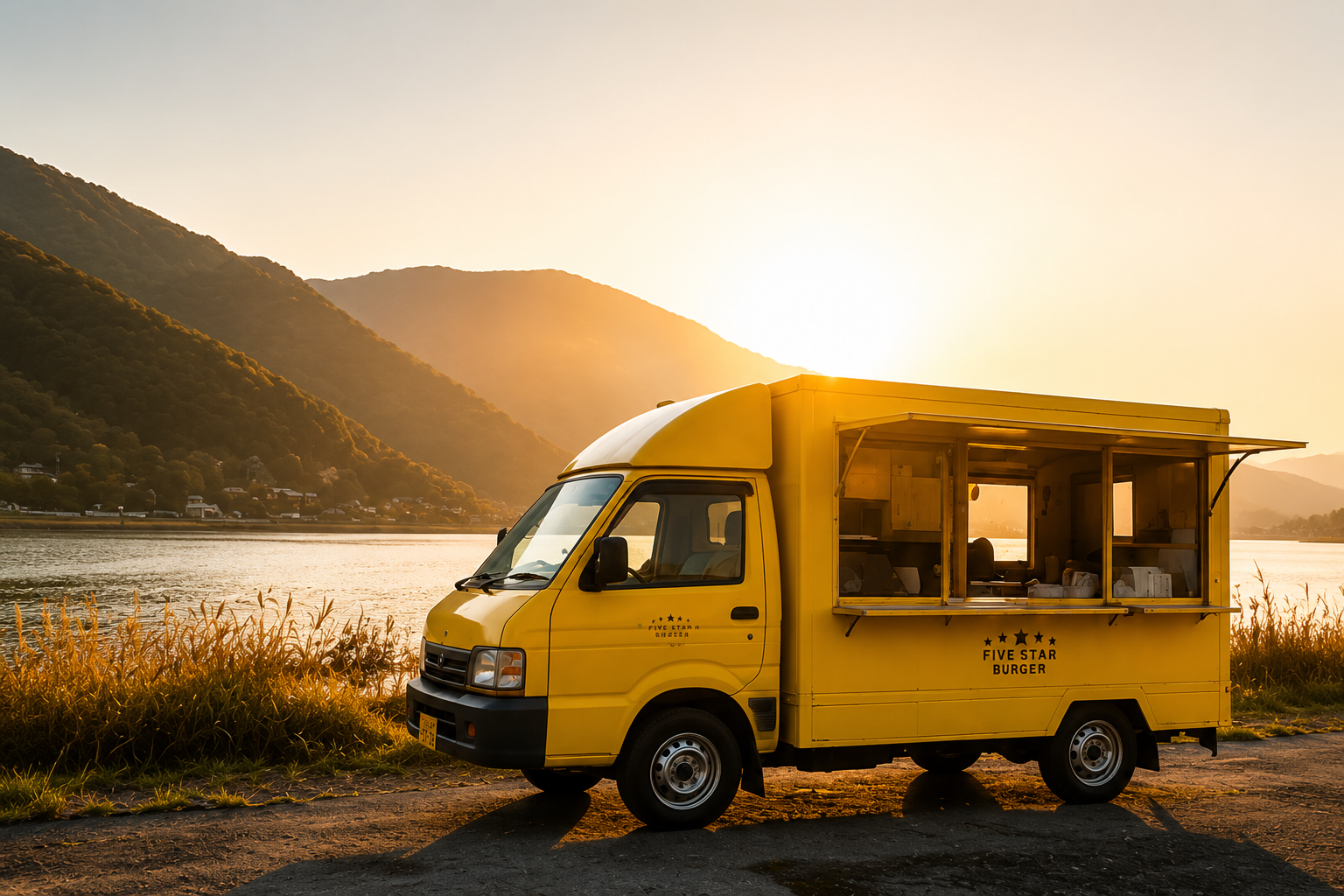 夕暮れの海辺に停まる黄色いキッチンカー